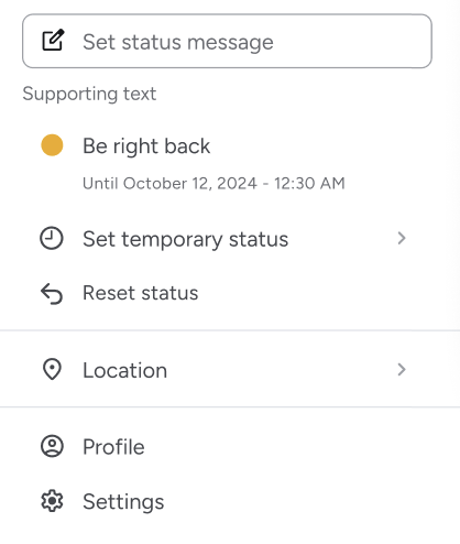 A status menu with an active temporary status.