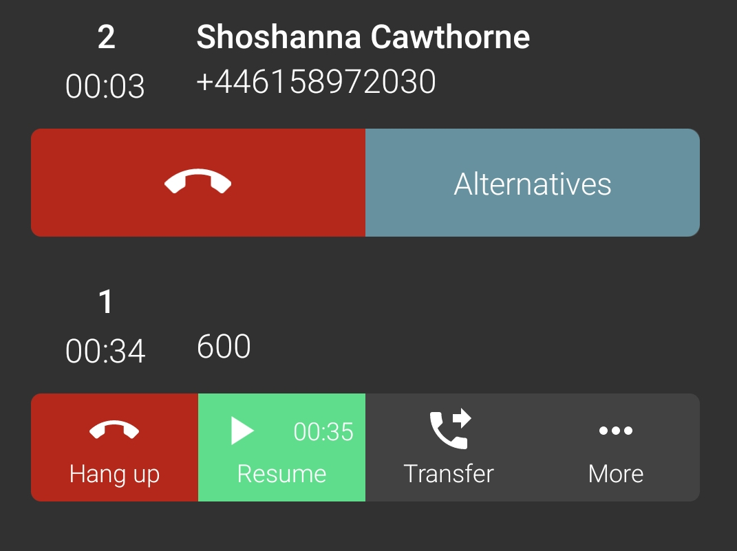 View of the call control screen where one conversation is on hold and another is active. From here, you can transfer the held conversation to the active conversation.